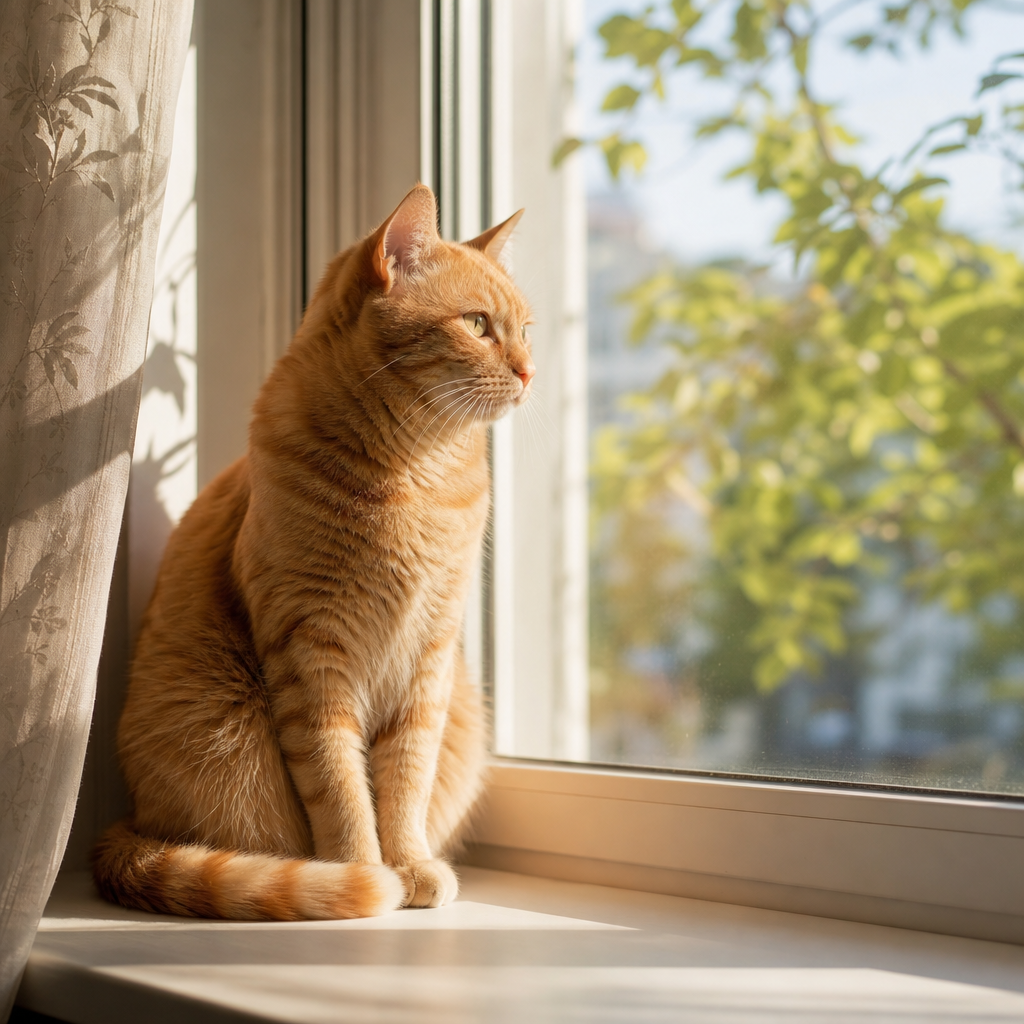 一只橘猫坐在窗台上，午后阳光，1k