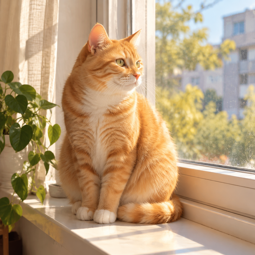 一只橘猫坐在窗台上，午后阳光，1k (2)