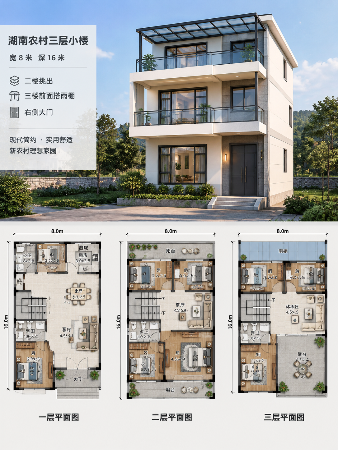 根据这个户型图，湖南农村三层小楼，宽8米，深16米。二楼挑出，三楼前面搭雨棚，右侧大门。设计师风格，…