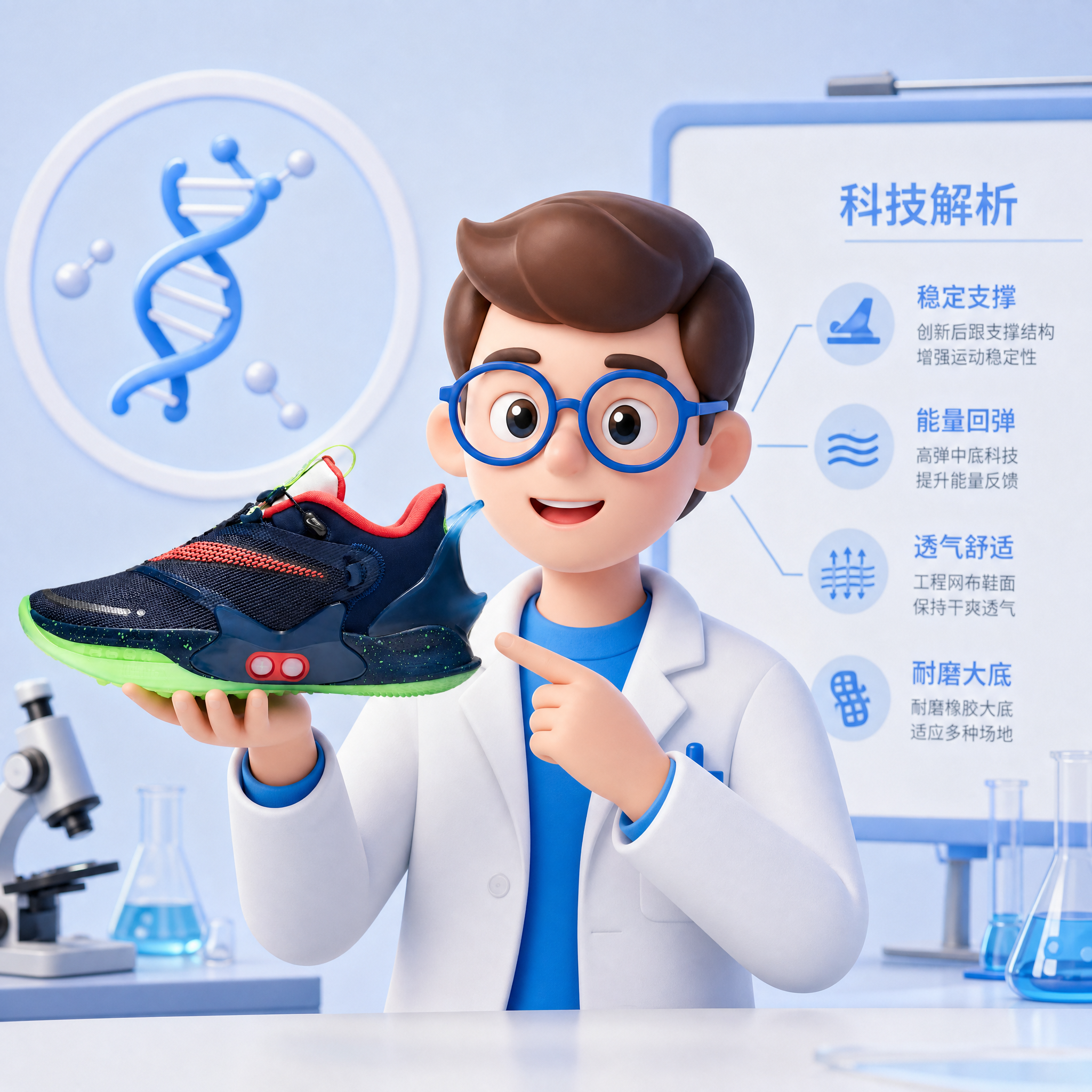 参考图2中的人物举着参考图1的鞋子，正在讲解