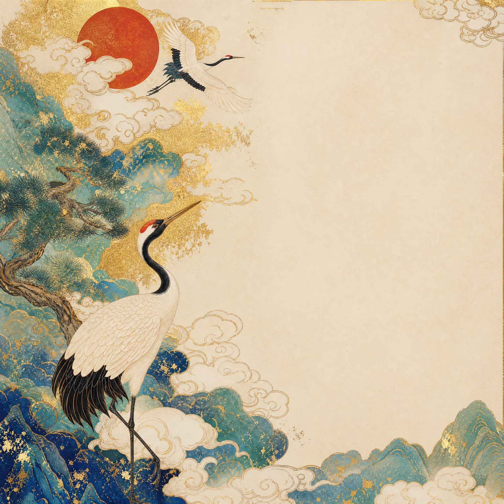仙鹤祥云主题国风海报，工笔重彩，金箔点缀，竖版构图，留白题诗位置，东方美学