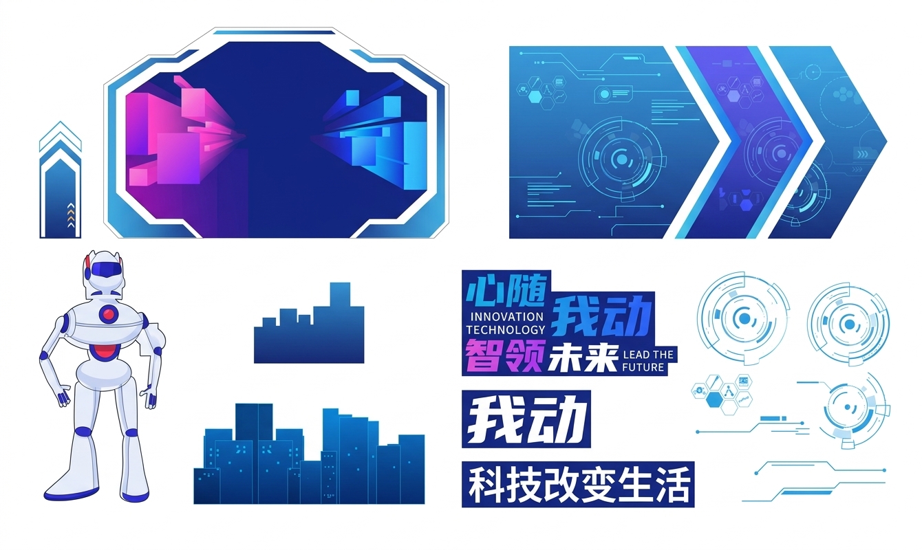 一组独立的平面矢量设计元素，风格为简约、干净的2D插画。构图上，每个元素都单独陈列，彼此不重叠、无遮…