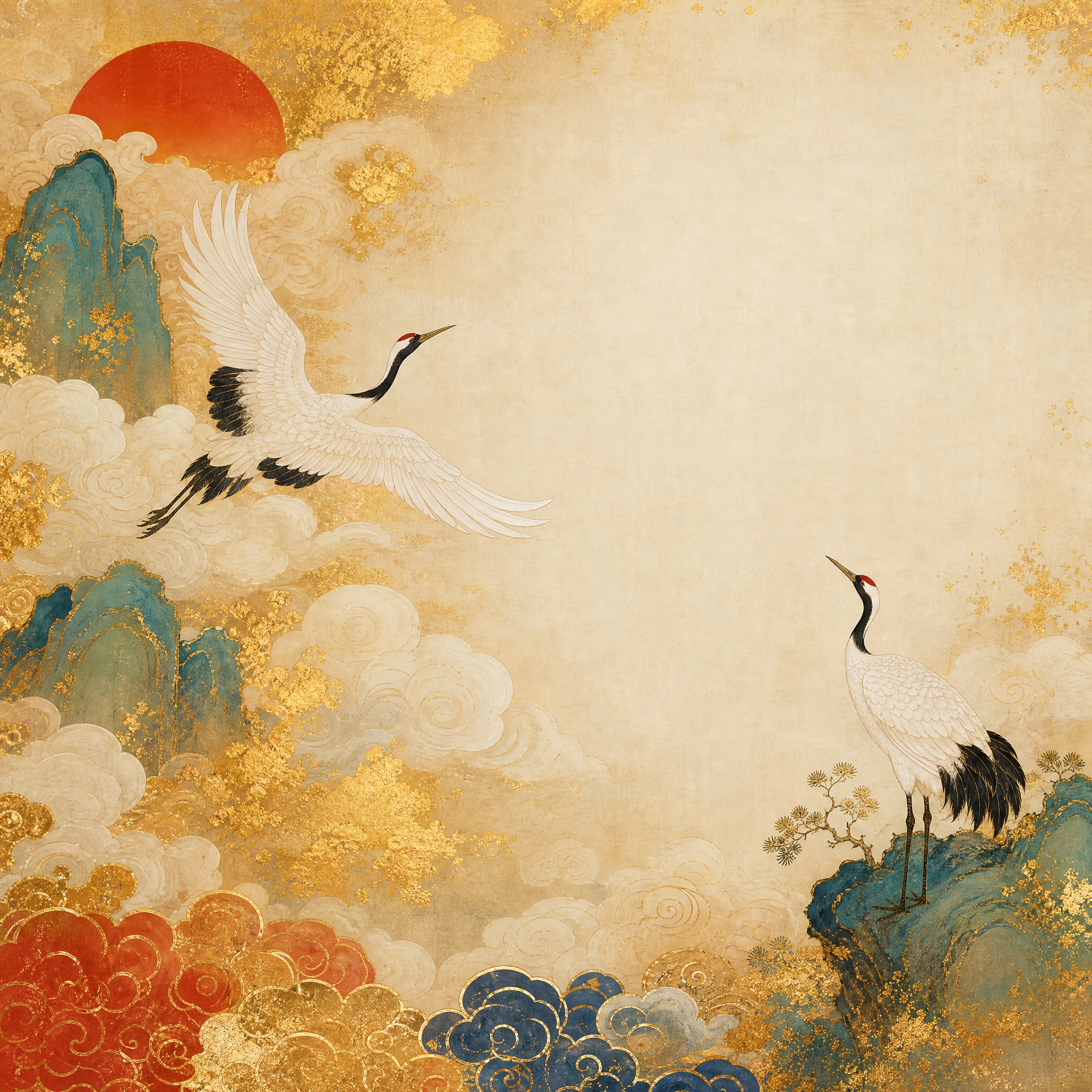 仙鹤祥云主题国风海报，工笔重彩，金箔点缀，竖版构图，留白题诗位置，东方美学 (2)
