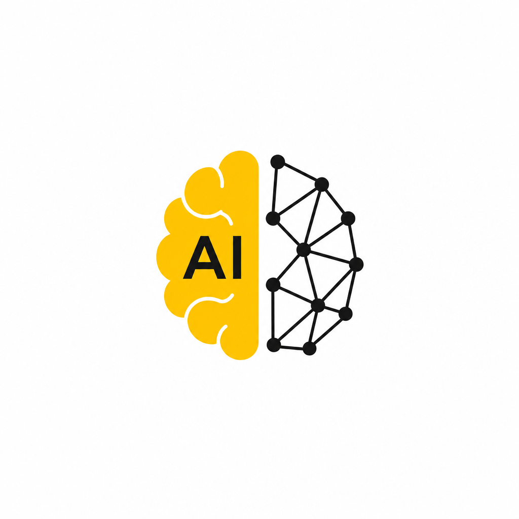 设计一个极简 logo，主体为AI科技、大脑、网络，配色黄黑，扁平化、矢量感、留白充足，适合品牌标识…