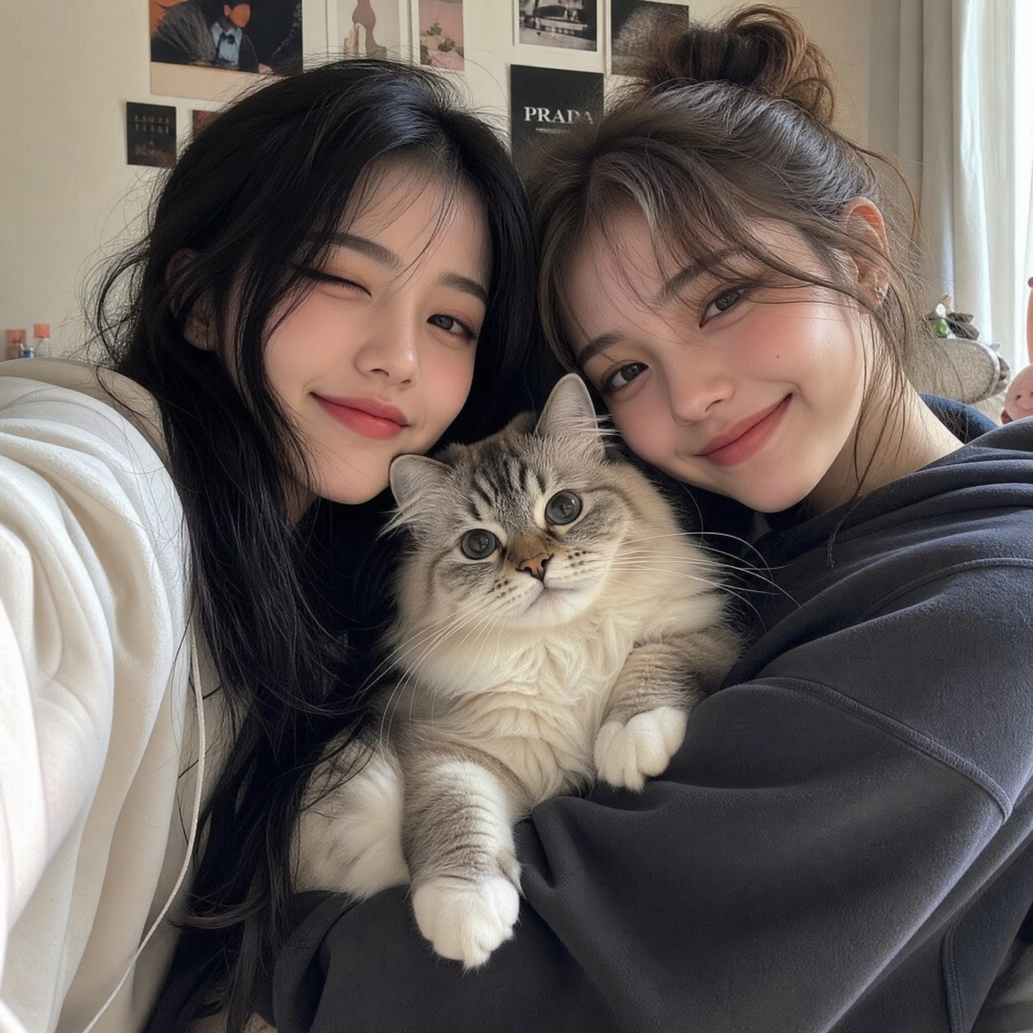 girls and cat