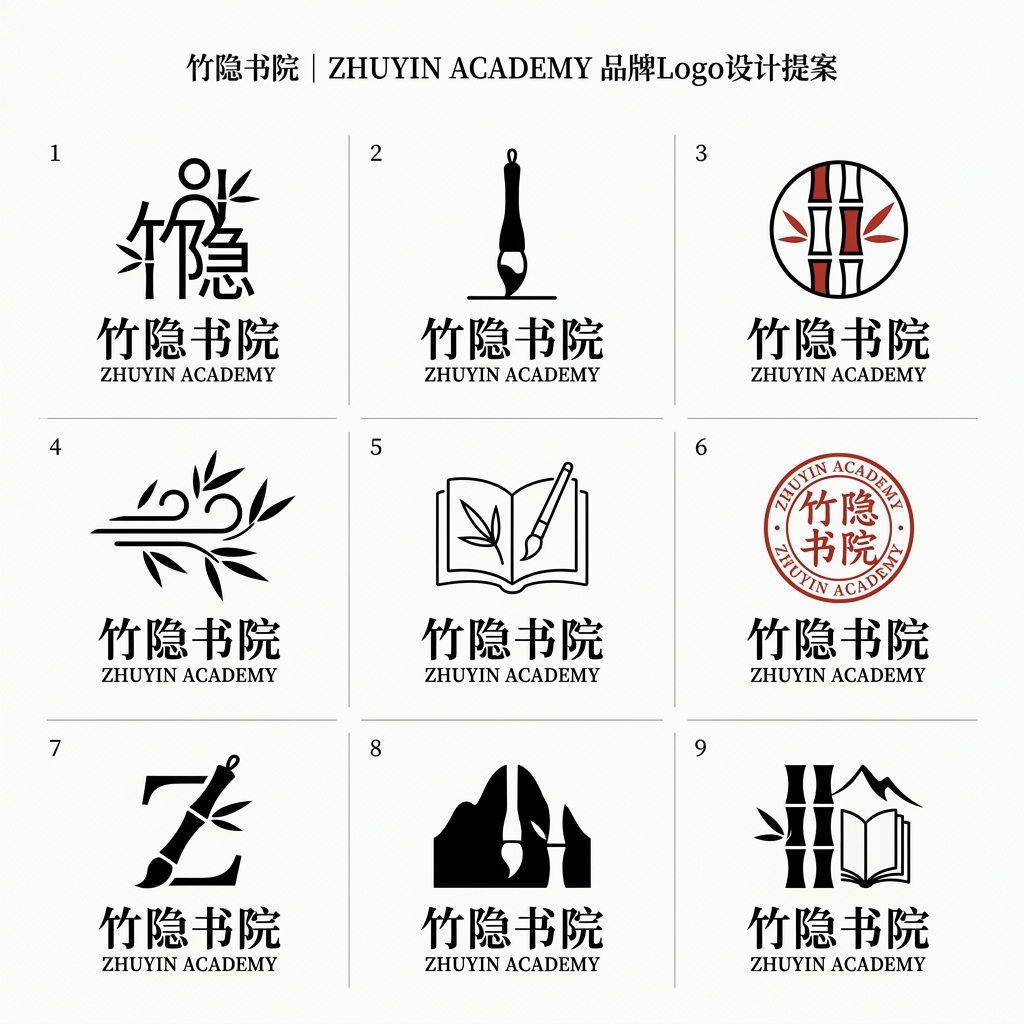 请为"竹隐书院"设计 9 个中式极简风格的品牌 Logo，以 3×3 九宫格排列在纯白背景上。

品…