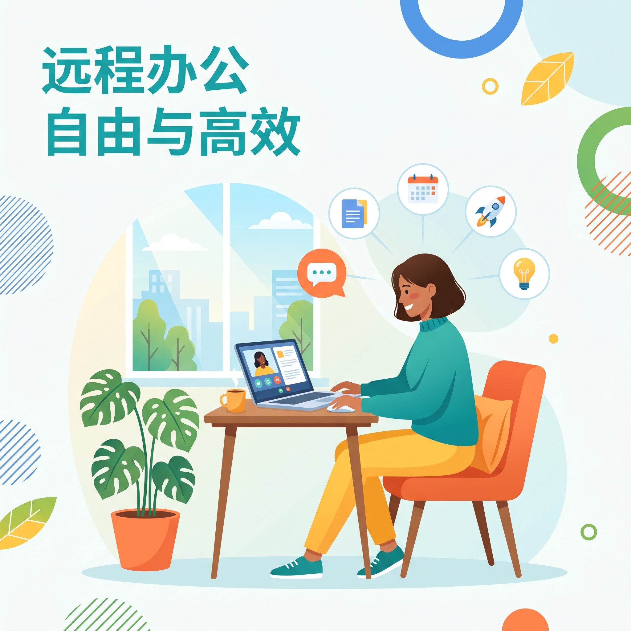 远程办公主题扁平化插画，明亮配色，负空间构图，简约现代，适合社交媒体封面