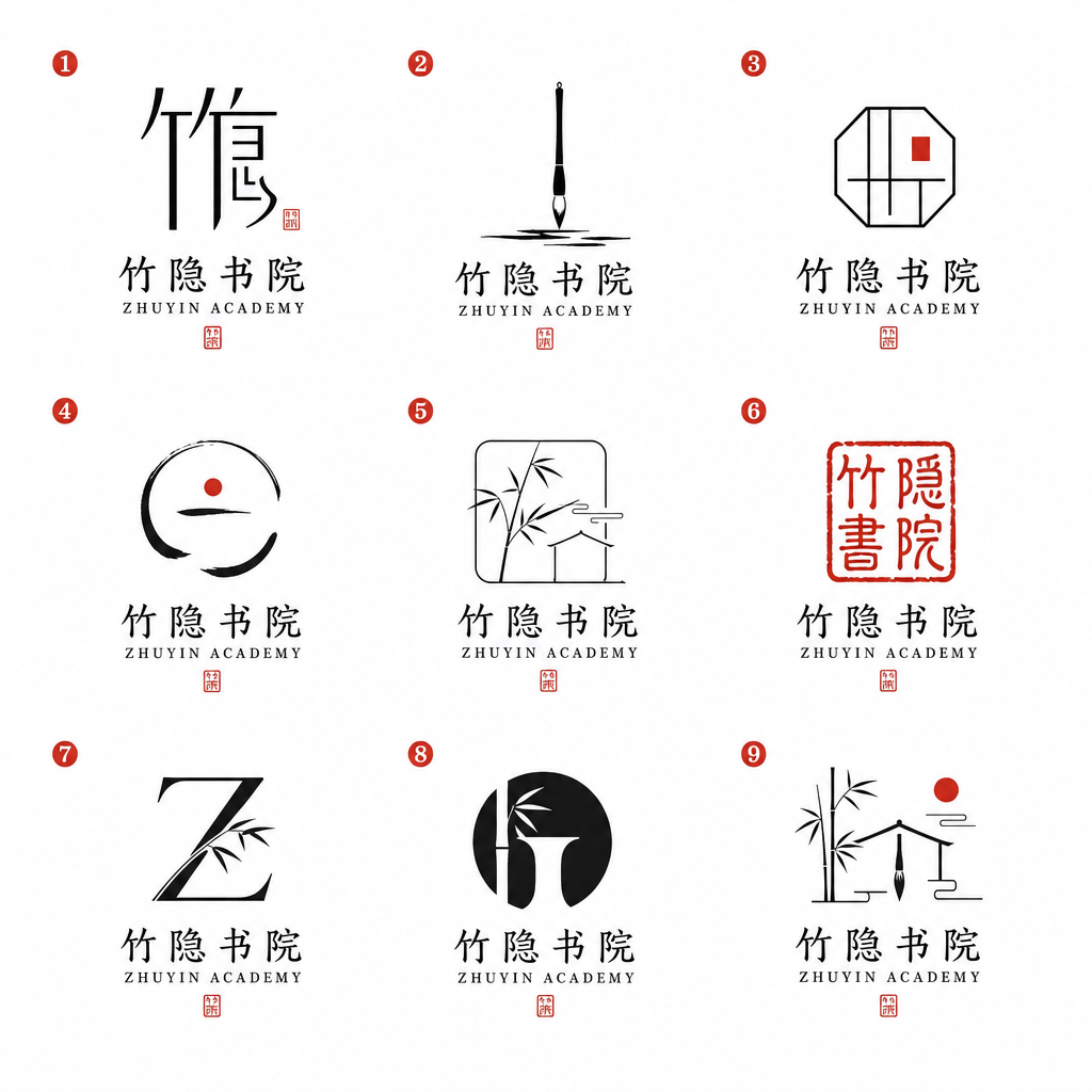 请为"竹隐书院"设计 9 个中式极简风格的品牌 Logo，以 3×3 九宫格排列在纯白背景上。

品… (2)