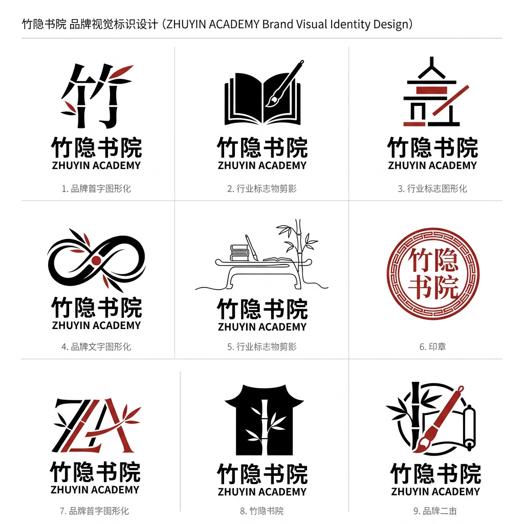 请为"竹隐书院"设计 9 个中式极简风格的品牌 Logo，以 3×3 九宫格排列在纯白背景上。

品… (2)