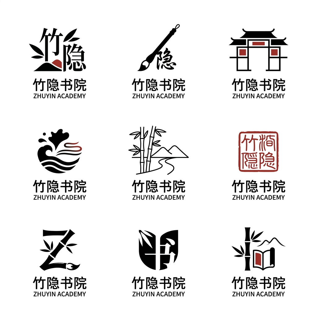 请为"竹隐书院"设计 9 个中式极简风格的品牌 Logo，以 3×3 九宫格排列在纯白背景上。

品…
