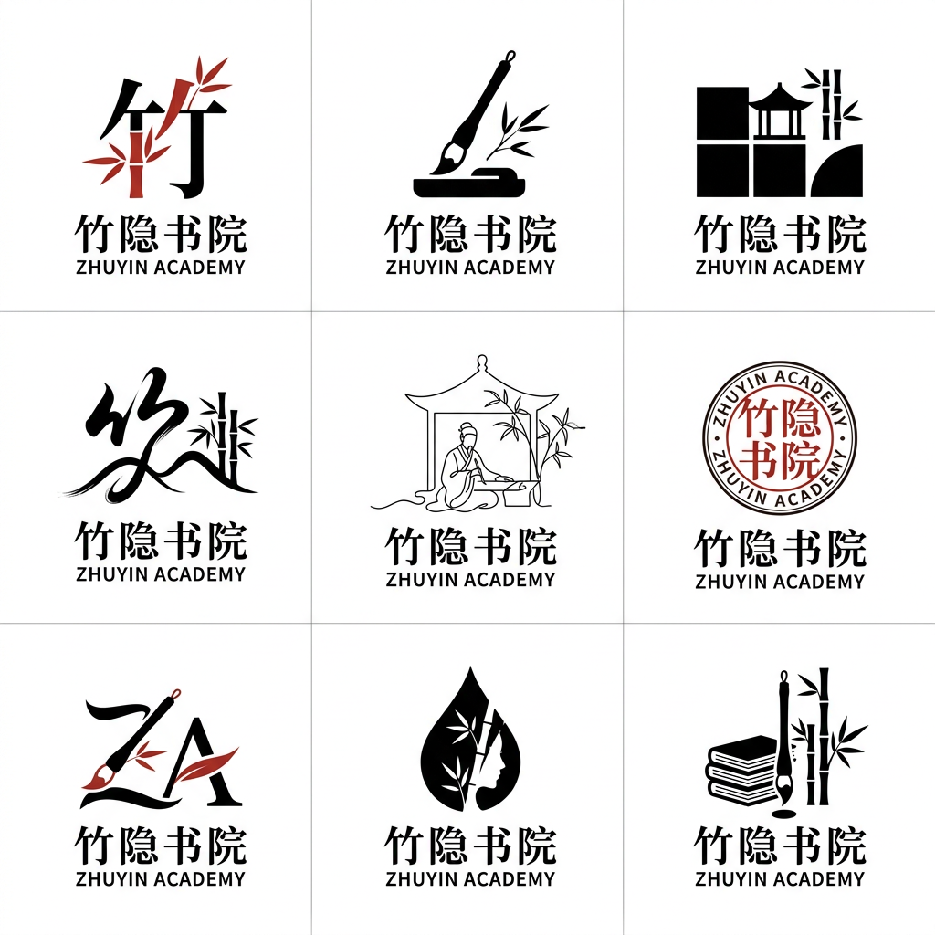 请为"竹隐书院"设计 9 个中式极简风格的品牌 Logo，以 3×3 九宫格排列在纯白背景上。

品…