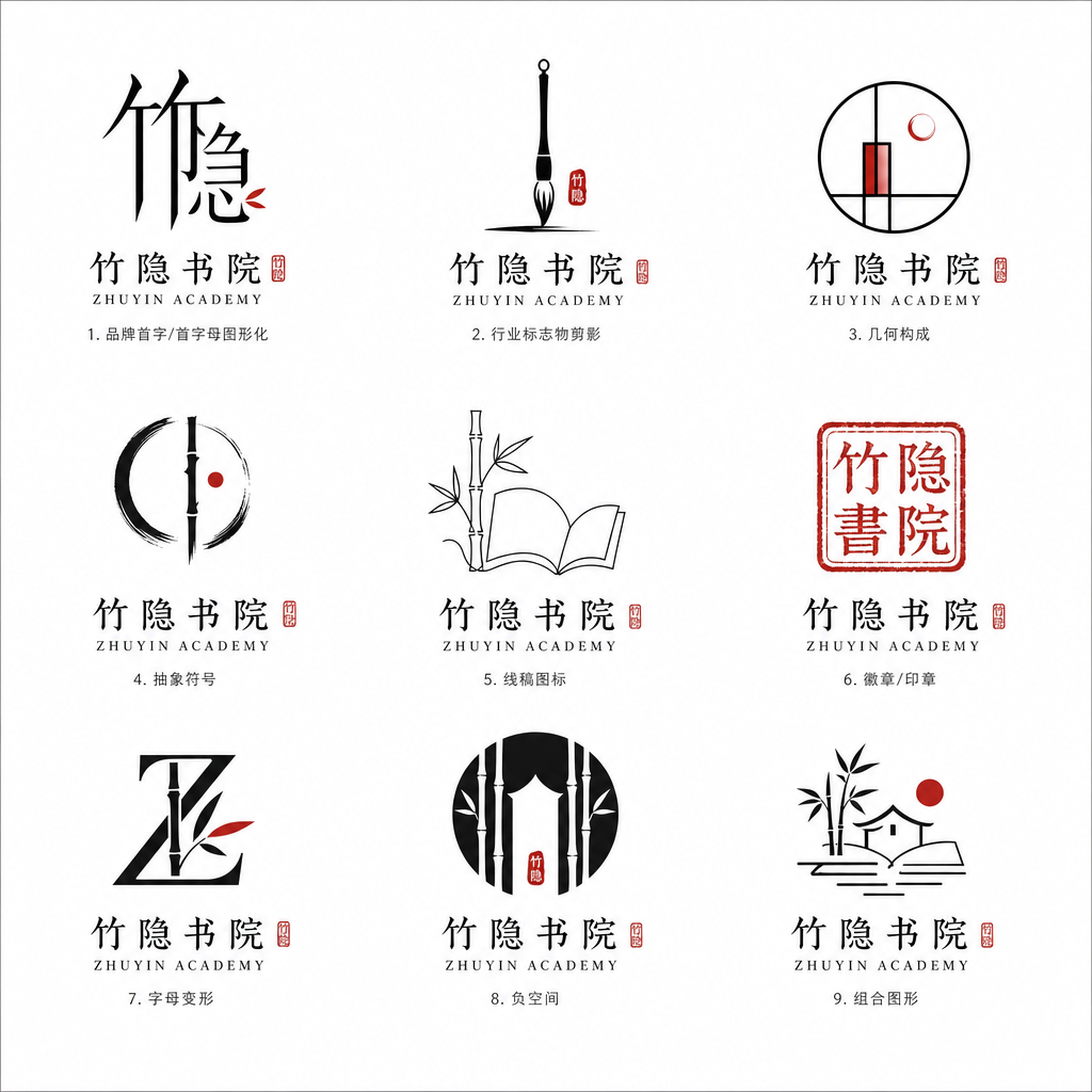 请为"竹隐书院"设计 9 个中式极简风格的品牌 Logo,以 3×3 九宫格排列…