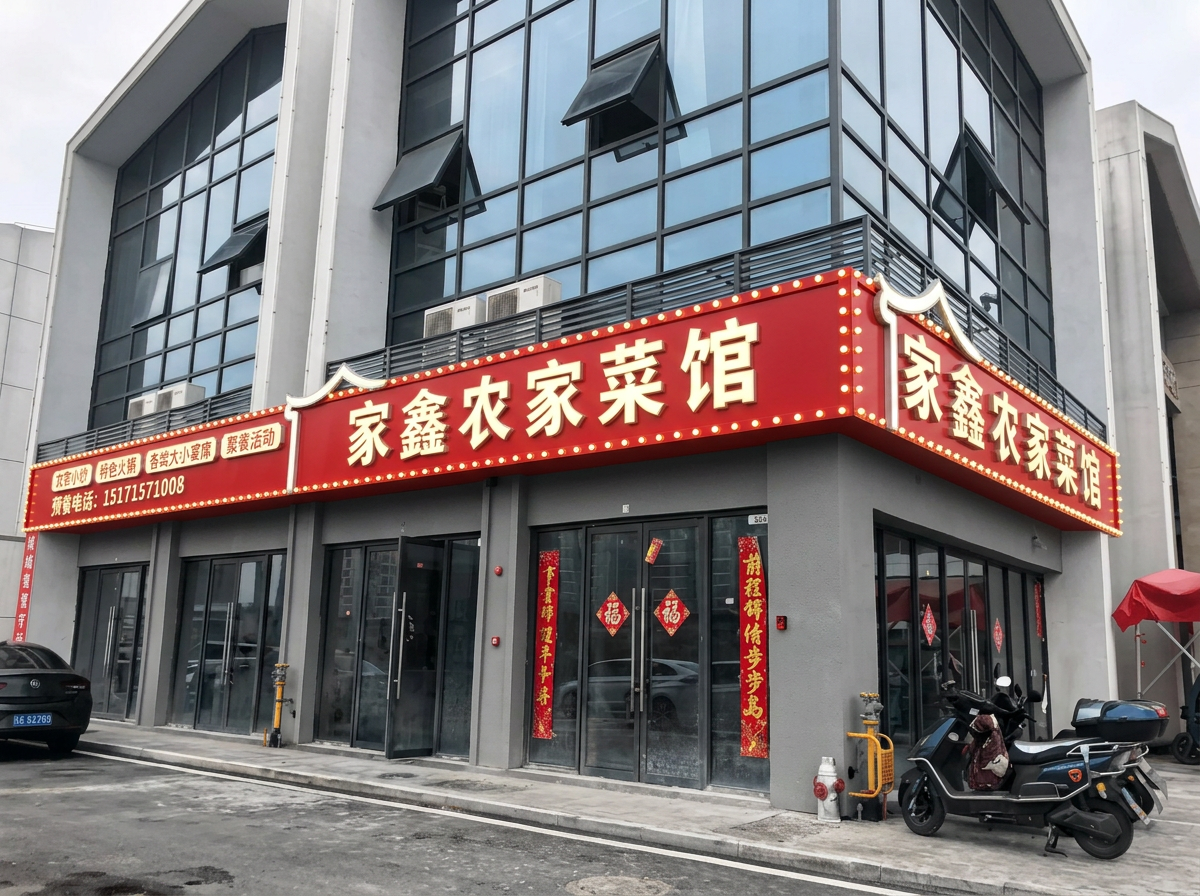 图一是现场图，图二是图一正面设计图，图三是图一的侧面设计图。这是一个户外门头招牌。在图一的红色区域，… (2)