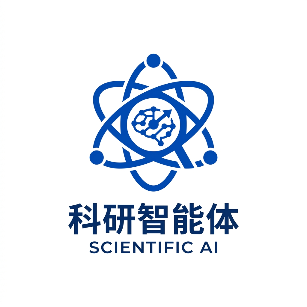 设计一个极简 logo，主体为科研智能体，配色蓝白，扁平化、矢量感、留白充足，适…
