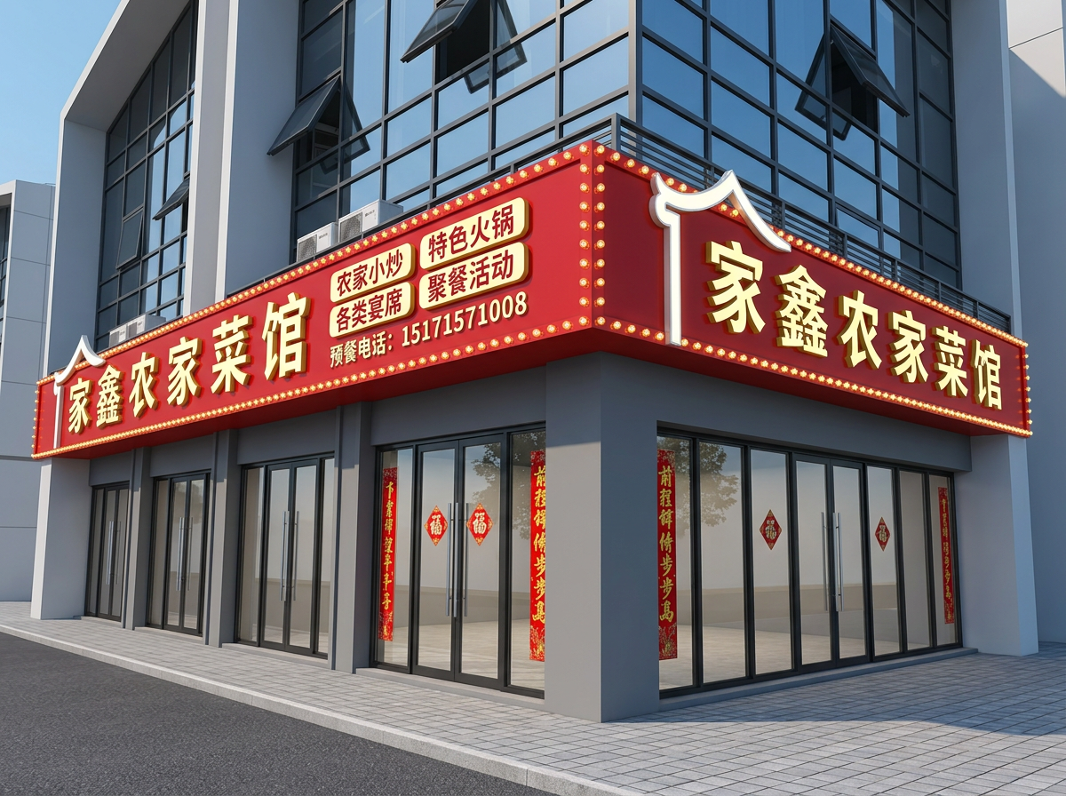 图一是现场图，图二是图一正面设计图，图三是图一的侧面设计图。这是一个户外门头招牌…