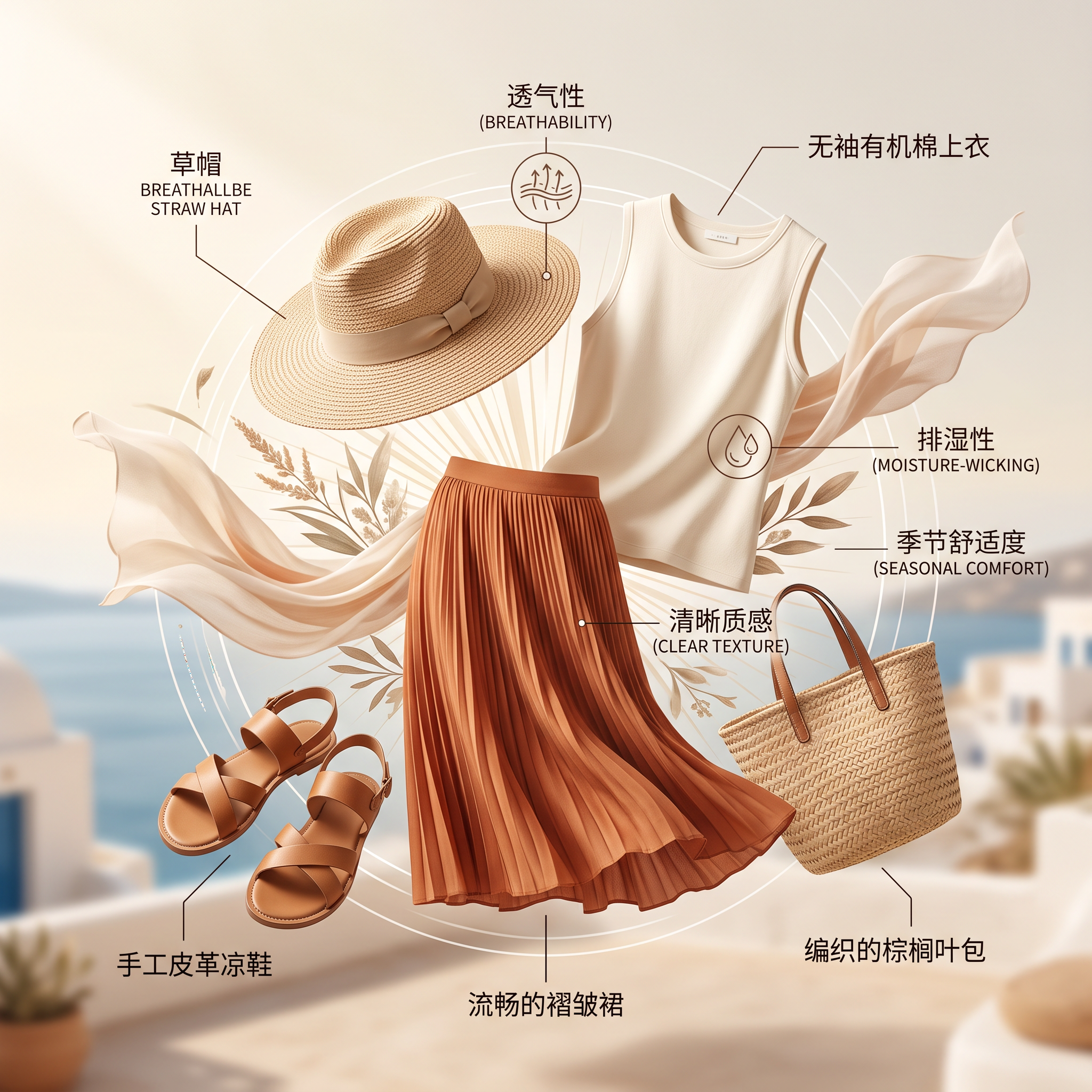 高端时尚夏季服装信息图，色彩协调的漂浮元素以优雅的爆炸圆形构图排列，包含透气的草帽、无袖有机棉上衣、…
